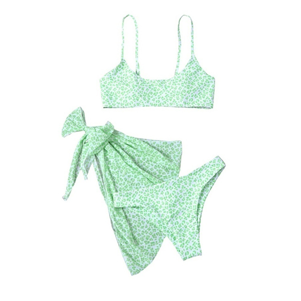 SHEIN Leopard Bikini Set‎ 3-Piece White Green Top Skirt Cover Up Women’s Medium